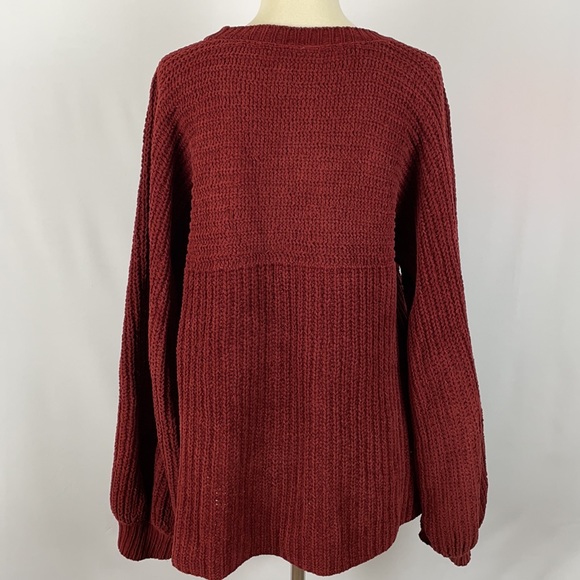 Free People Maroon Chunky Cable Knit Sweater w/Balloon Sleeves & Hi Lo Hem - Picture 8 of 14